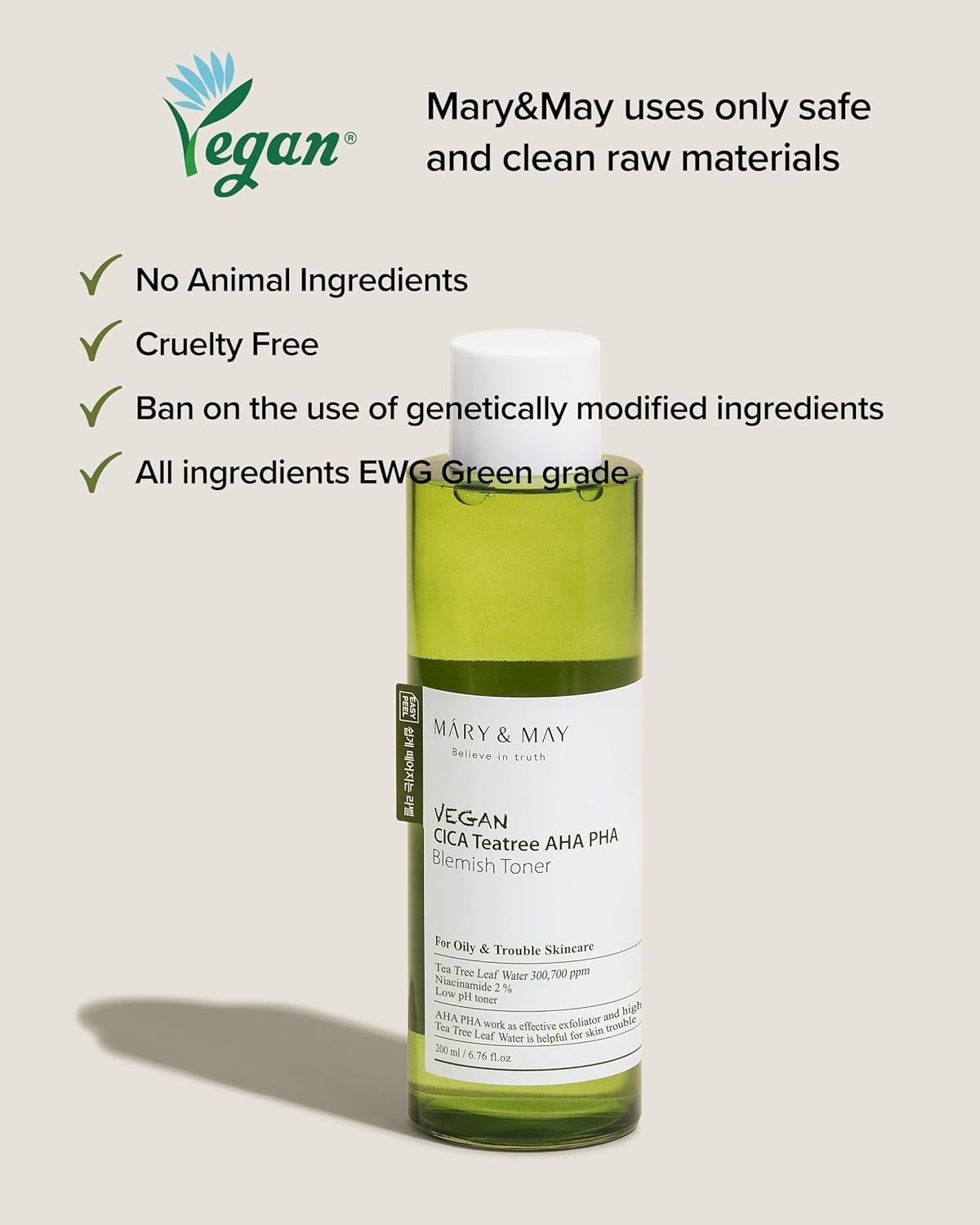 MARY & MAY | Vegan Cica Teatree AHA PHA Toner - 200 ml