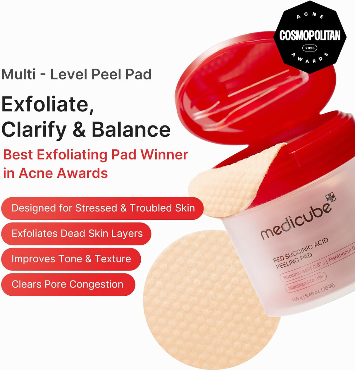 MEDICUBE | Red Succinic Acid Peeling Pad - 70 ud
