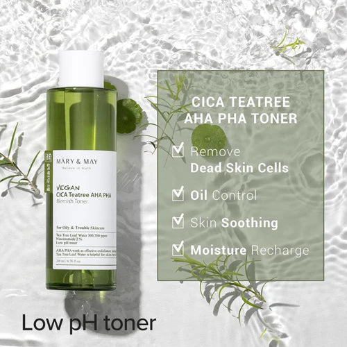 MARY & MAY | Formato Viaje - Vegan CICA Tea Tree AHA PHA Blemish Toner - 30ml