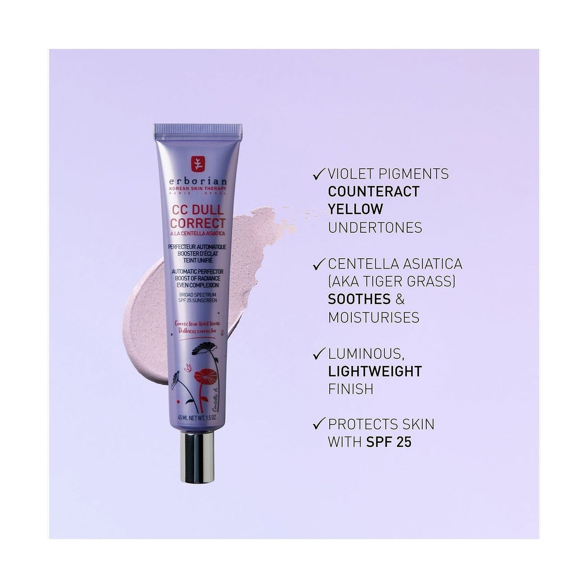 ERBORIAN CC Dull Correct SPF25 - 15ml: beneficios principales y preocupaciones tratadas; protección solar y cuidado de la piel