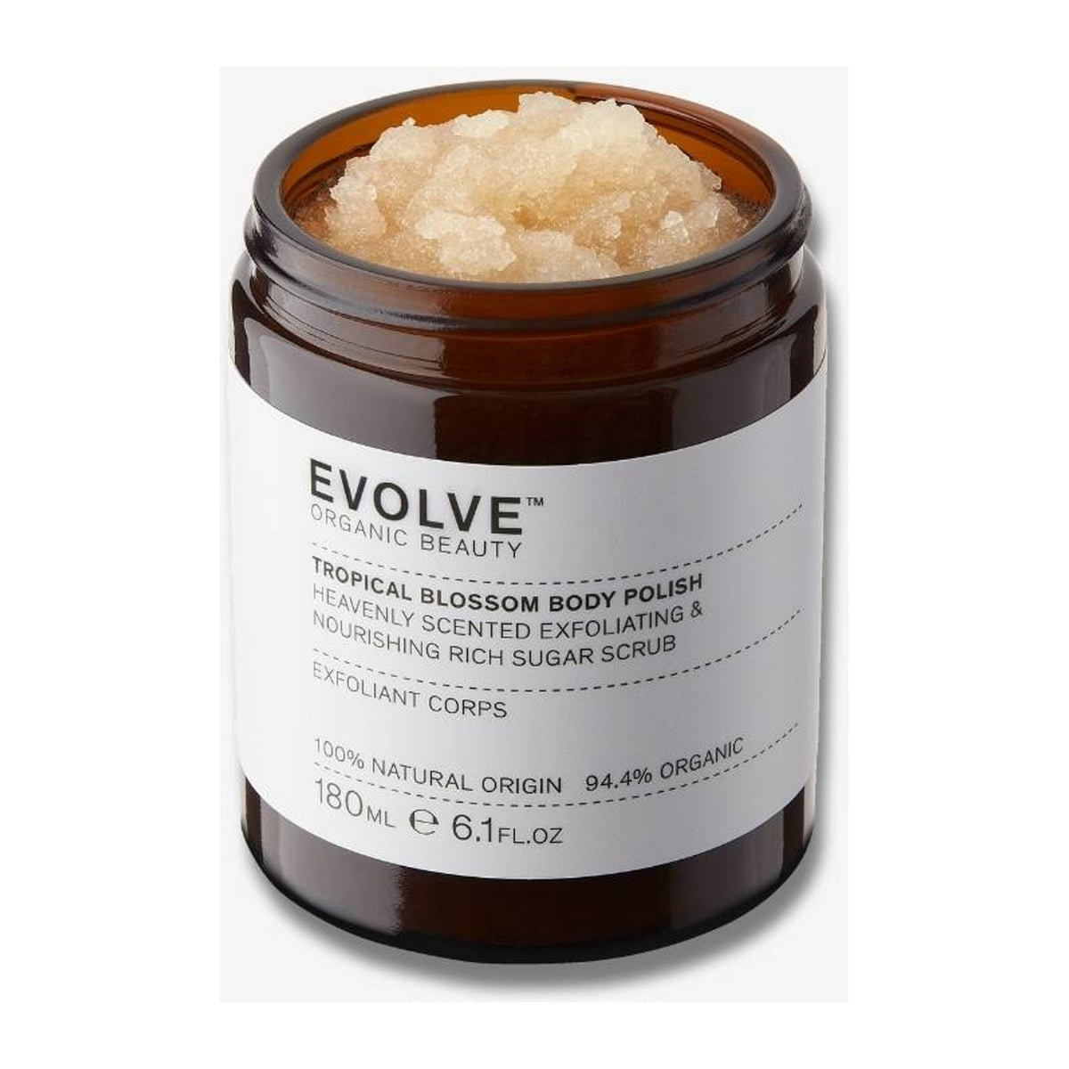 EVOLVE Tropical Blossom Body Polish - 180ml: envase o producto exacto sobre fondo blanco; cuidado cosmético y resultados visibles