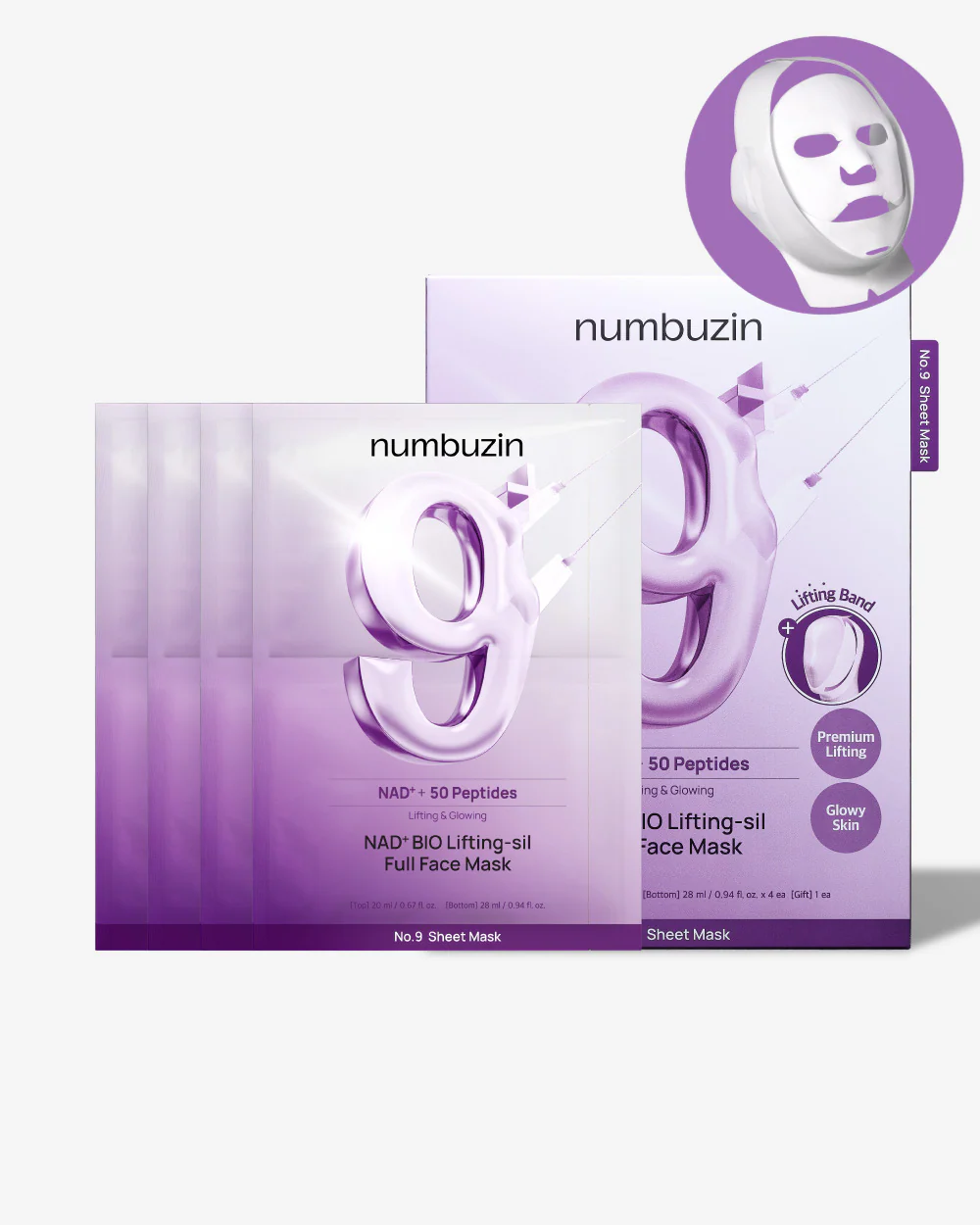 NUMBUZIN | No.9 NAD+ BIO Lifting-sil Full Face Mask (4 sheets + Lifting Band)