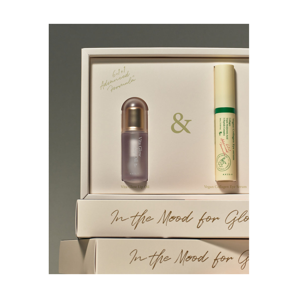 AXIS-Y Lip & Eye Set: composición de catálogo con beneficios destacados; cuidado cosmético y resultados visibles