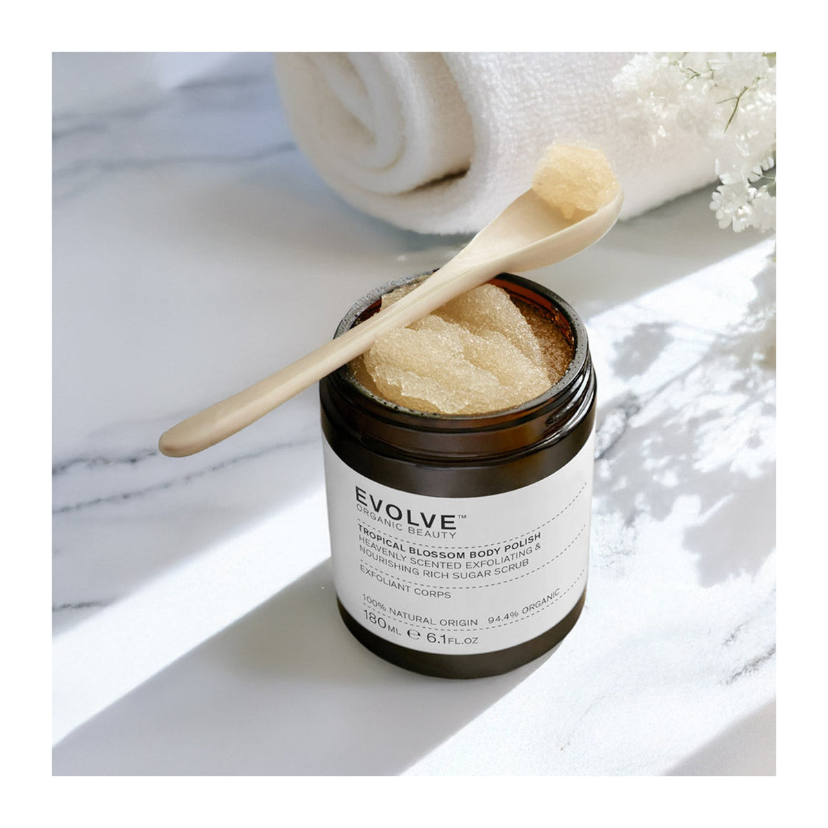 EVOLVE Tropical Blossom Body Polish - 180ml: textura, aplicador o acabado del producto; cuidado cosmético y resultados visibles