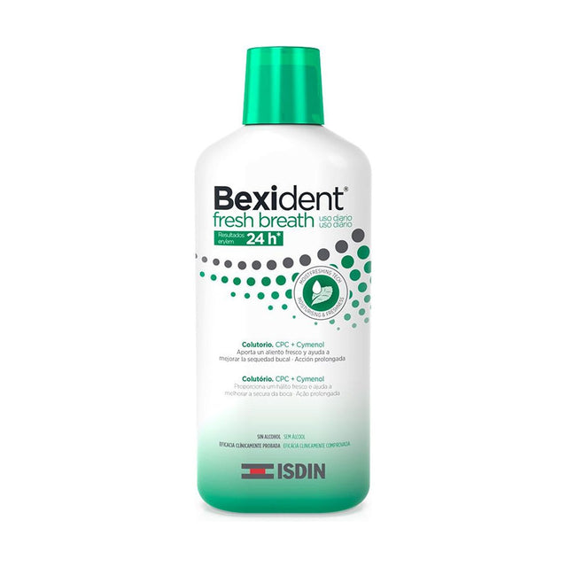 ISDIN Bexident Fresh Breath Enjuague Bucal Sin Alcohol - 500ml: envase o producto exacto sobre fondo blanco; cuidado cosmético y resultados visibles