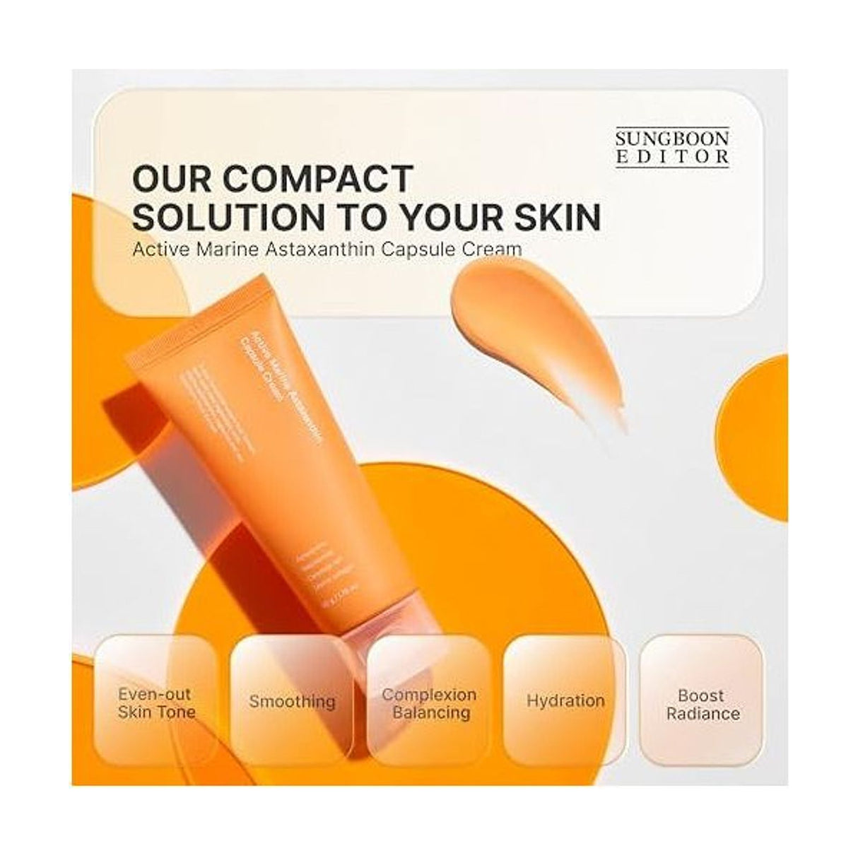 SUNGBOON EDITOR Active Marine Astaxanthin Capsule Cream -50ml: detalle del envase y de la presentación; protección solar y cuidado de la piel