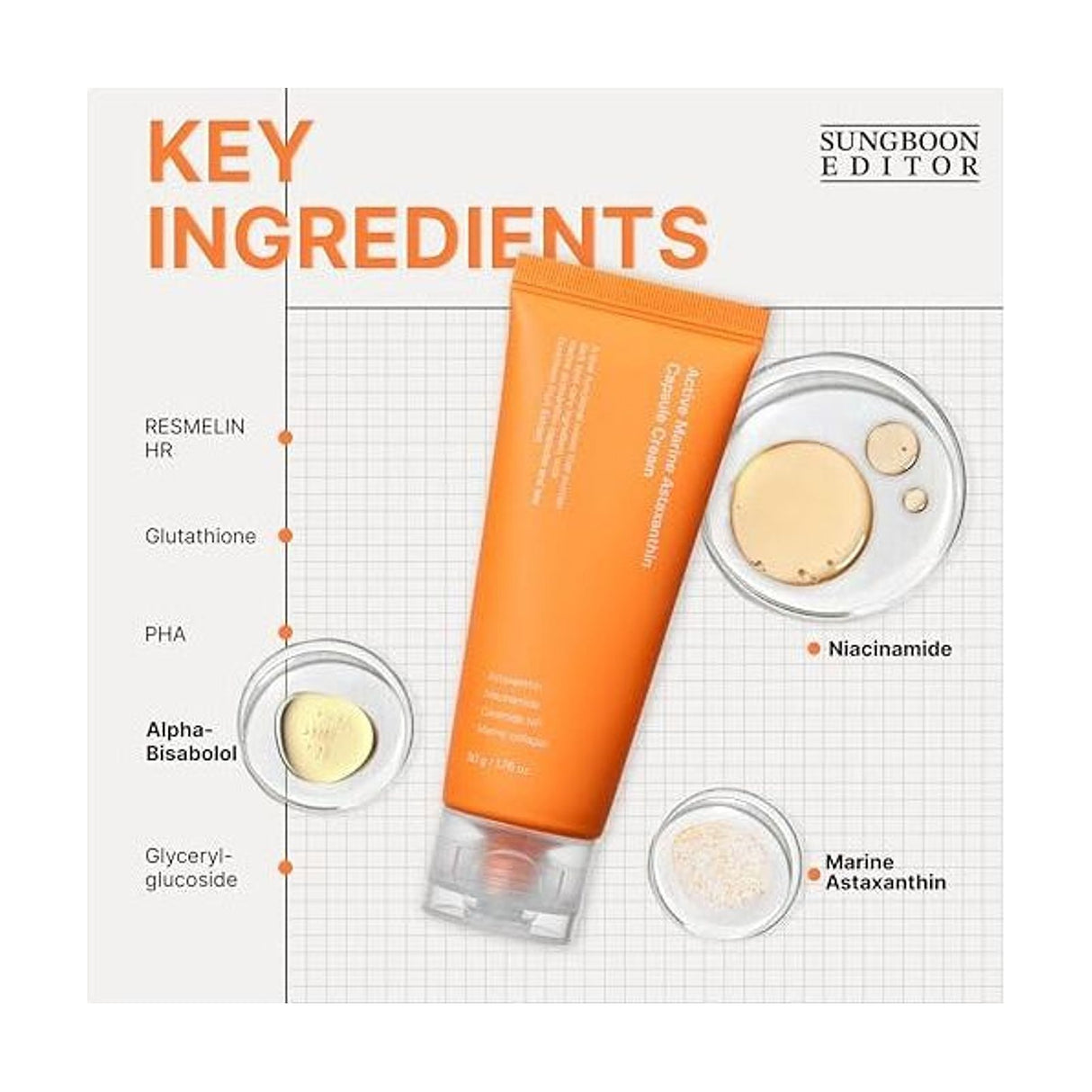 SUNGBOON EDITOR Active Marine Astaxanthin Capsule Cream -50ml: ingredientes clave y tecnología de la fórmula; protección solar y cuidado de la piel